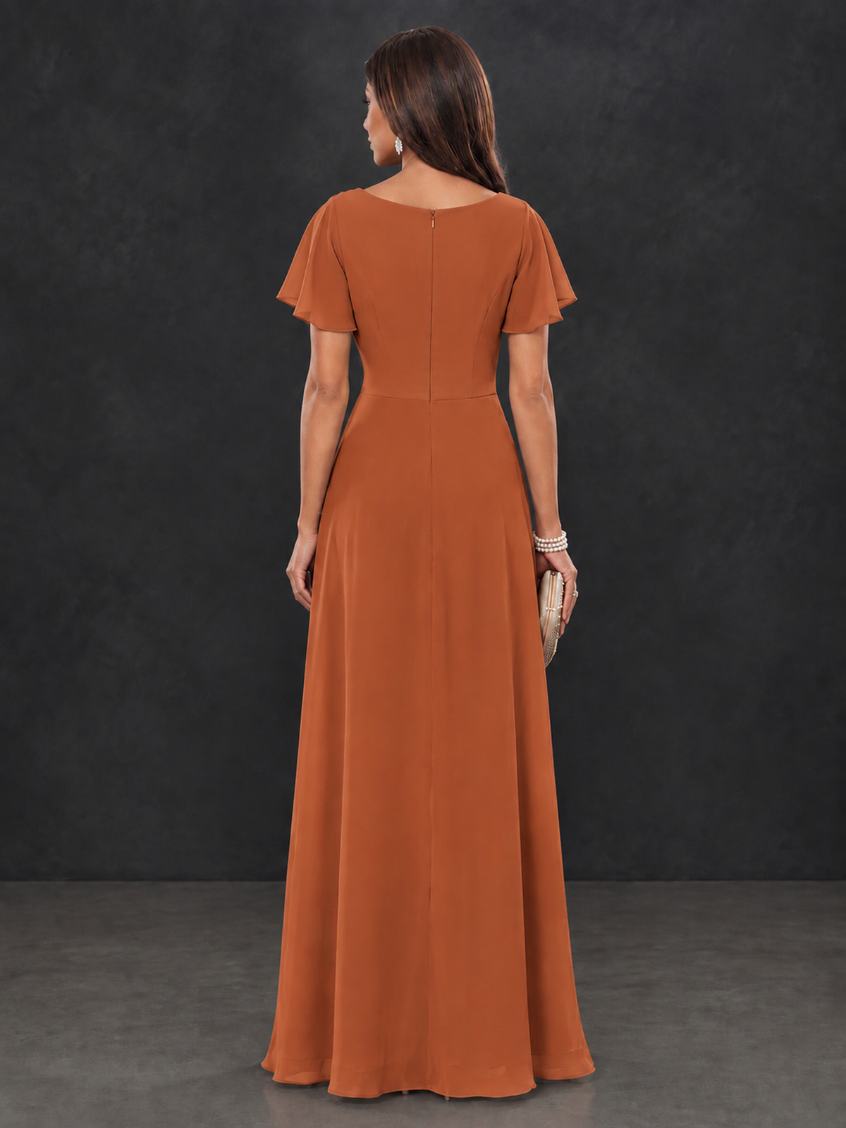 BOLODOO Burnt Orange Floral Flutter Sleeve Mother of the Bride Dress - Burnt Orange