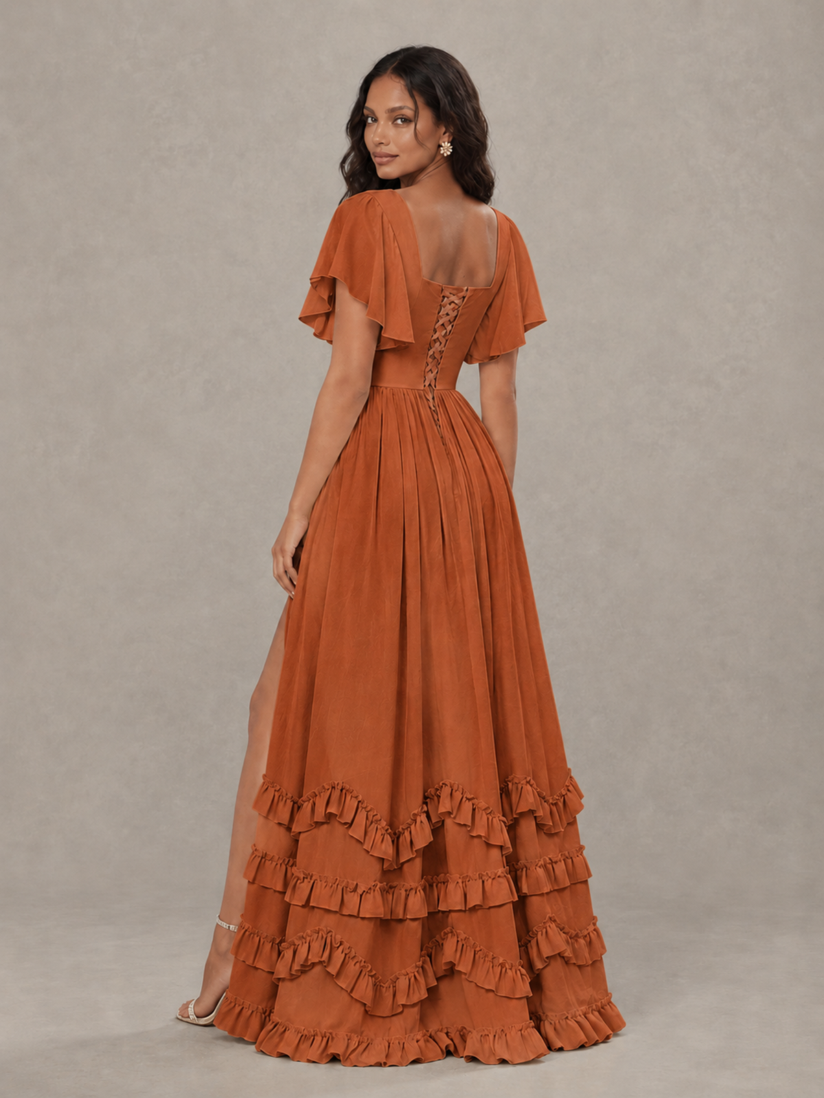 BOLODOO Burnt Orange V-Neck Flutter Sleeve Ruffle Bridesmaid Dress with Slit - Burnt Orange - Burnt Orange (2)