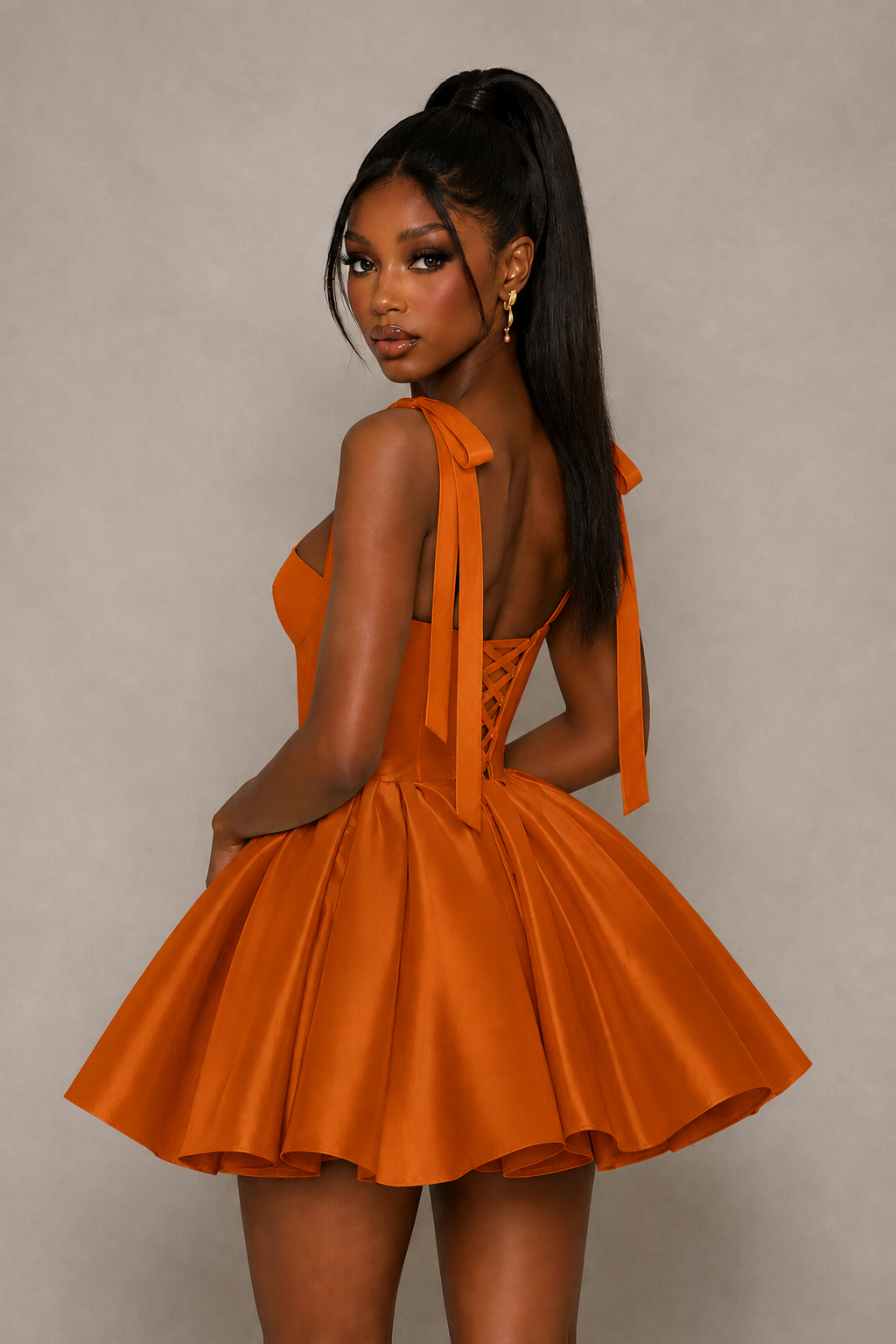 BOLODOO Burnt Orange Satin Sweetheart Corset Bow Strap Lace-Up Open Back Full Skirt Mini Dress | Prom Cocktail Party Dress - Burnt Orange