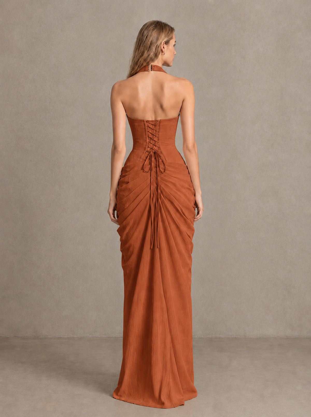 BOLODOO Burnt Orange Halter Neck Ruched Maxi Dress with High Slit - Burnt Orange