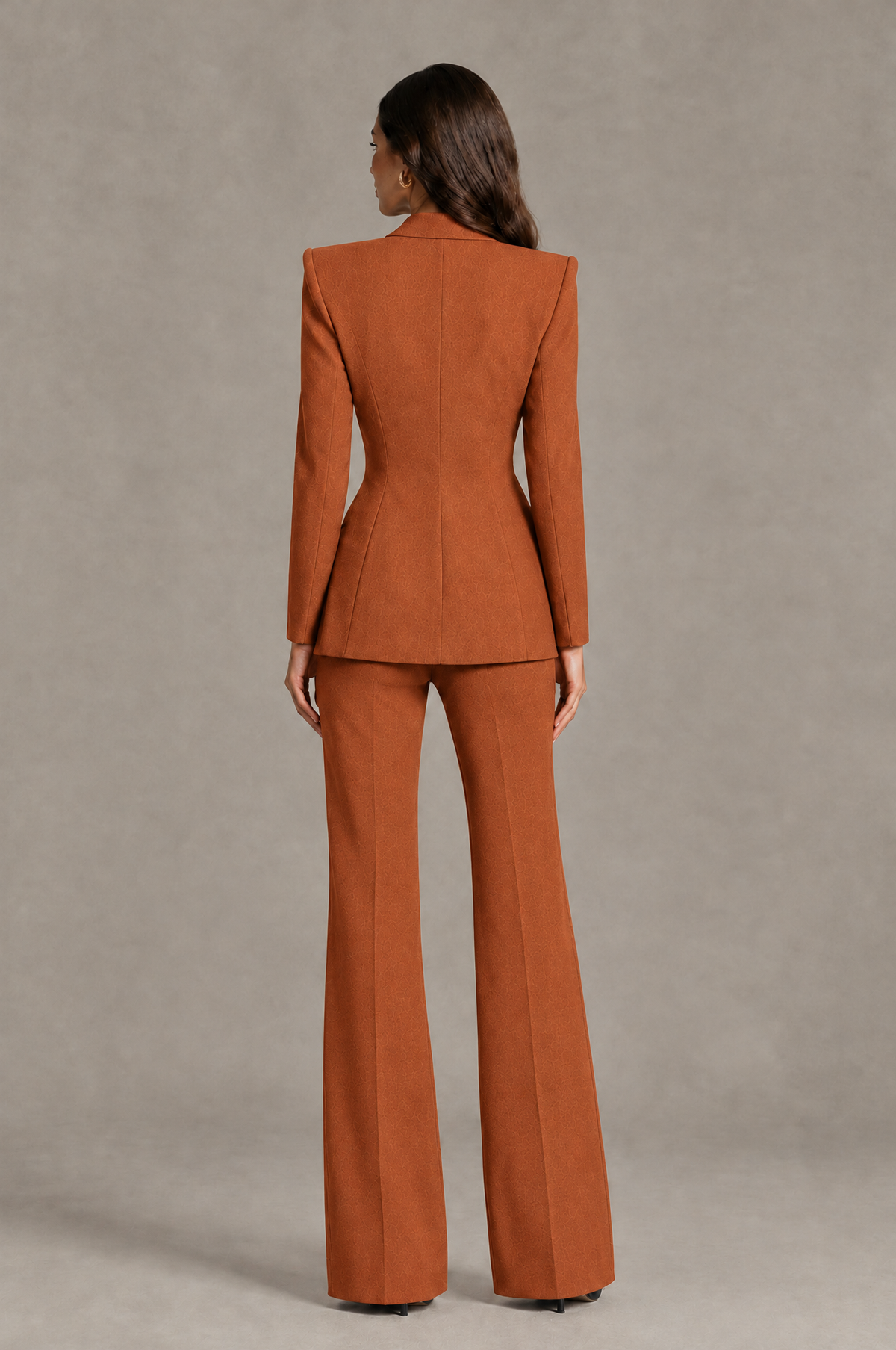 BOLODOO Burnt Orange Long Sleeve Wrap Blazer Pantsuit with Wide-Leg Trousers - Burnt Orange - Burnt Orange (2)