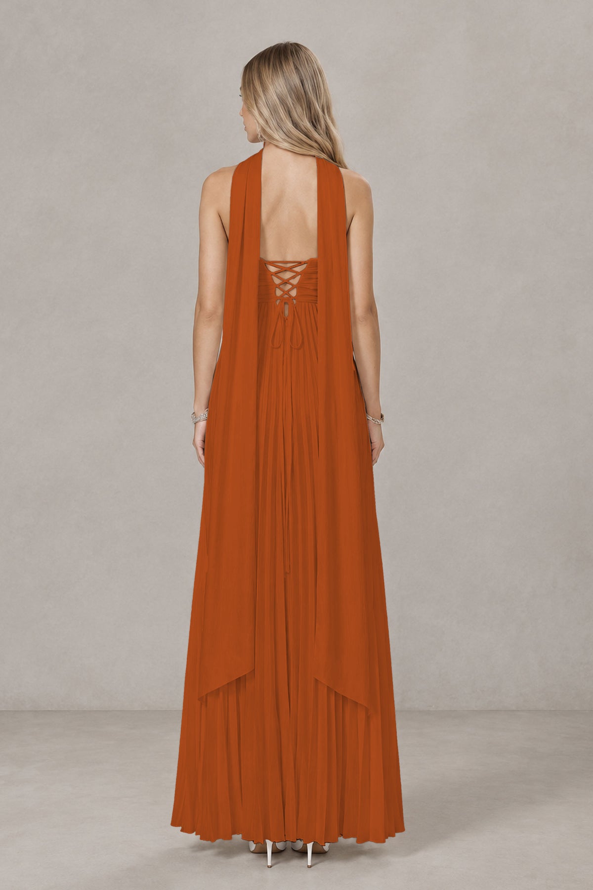 BOLODOO Burnt Orange Strapless Chiffon-Look Maxi Dress with Lace-Up Back & Cape - Burnt Orange