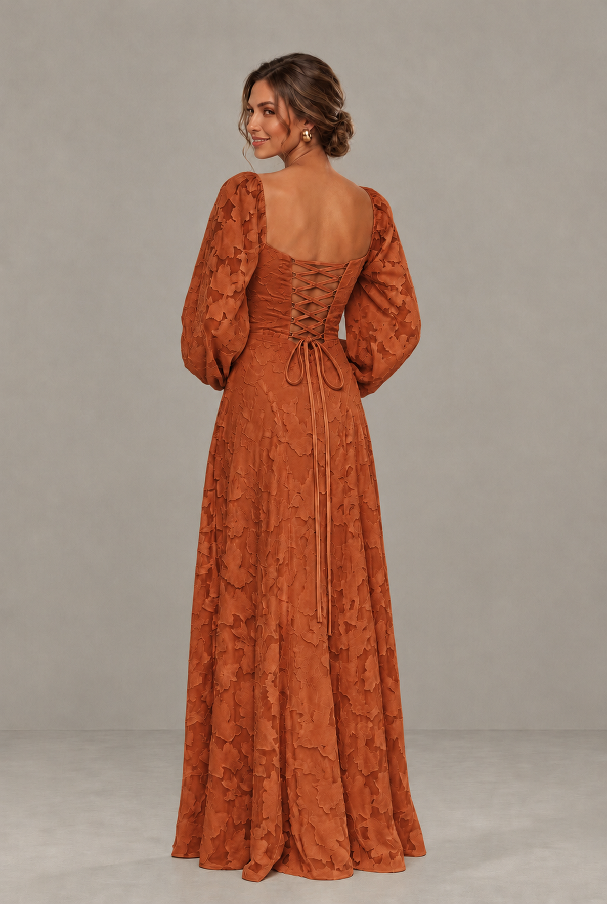 BOLODOO Floral Burnt Orange Long Sleeve A-Line Dress with Lace-Up Back - Burnt Orange