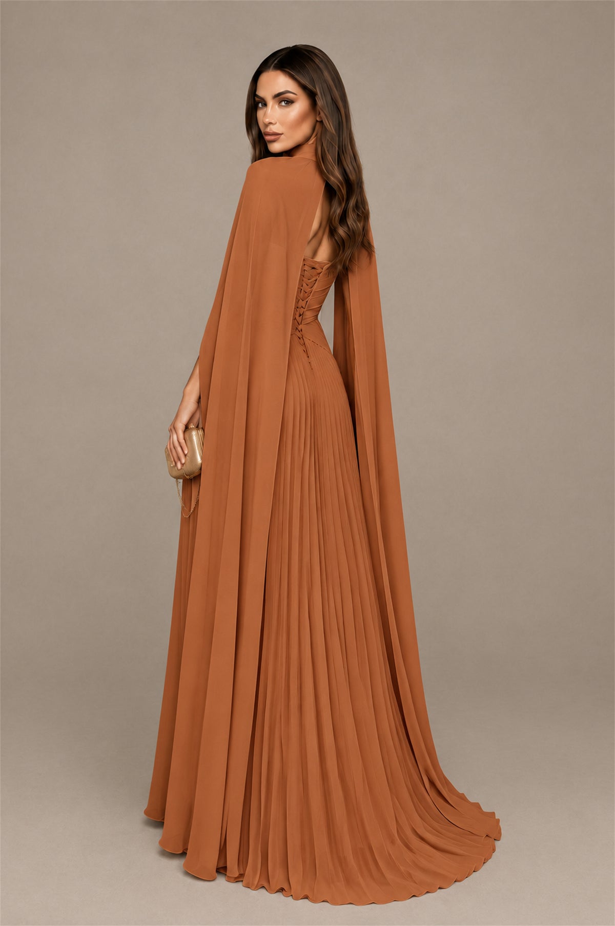 BOLODOO Burnt Orange Strapless Crossover Ruched Bodice Detached Turtleneck Cape Lace-Up Back Pleated Chiffon Maxi Dress - Burnt Orange
