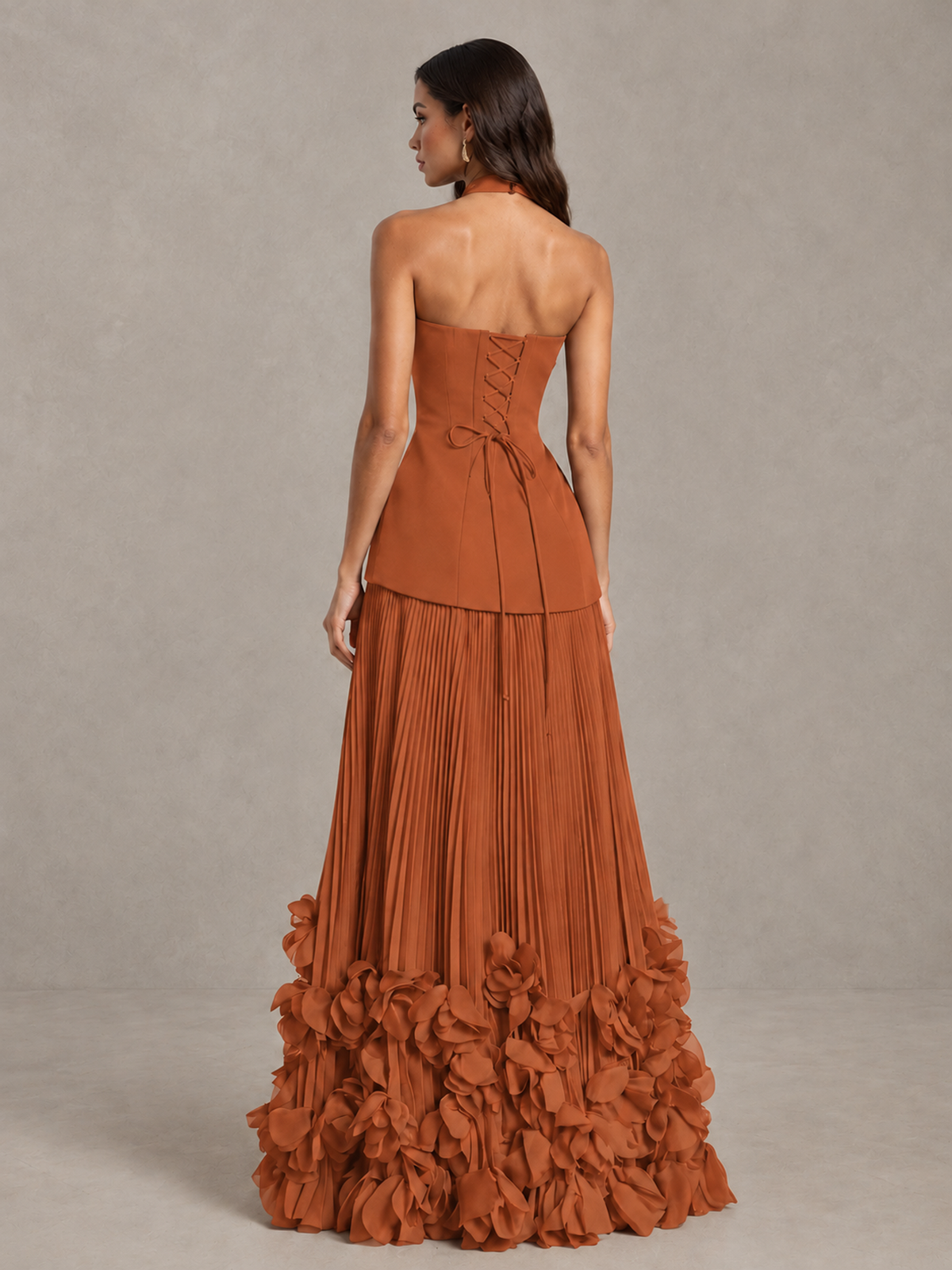 BOLODOO Burnt Orange Halter Neck Floor-Length Evening Gown with High Slit & 3D Floral Hem - Burnt Orange - Burnt Orange (2)