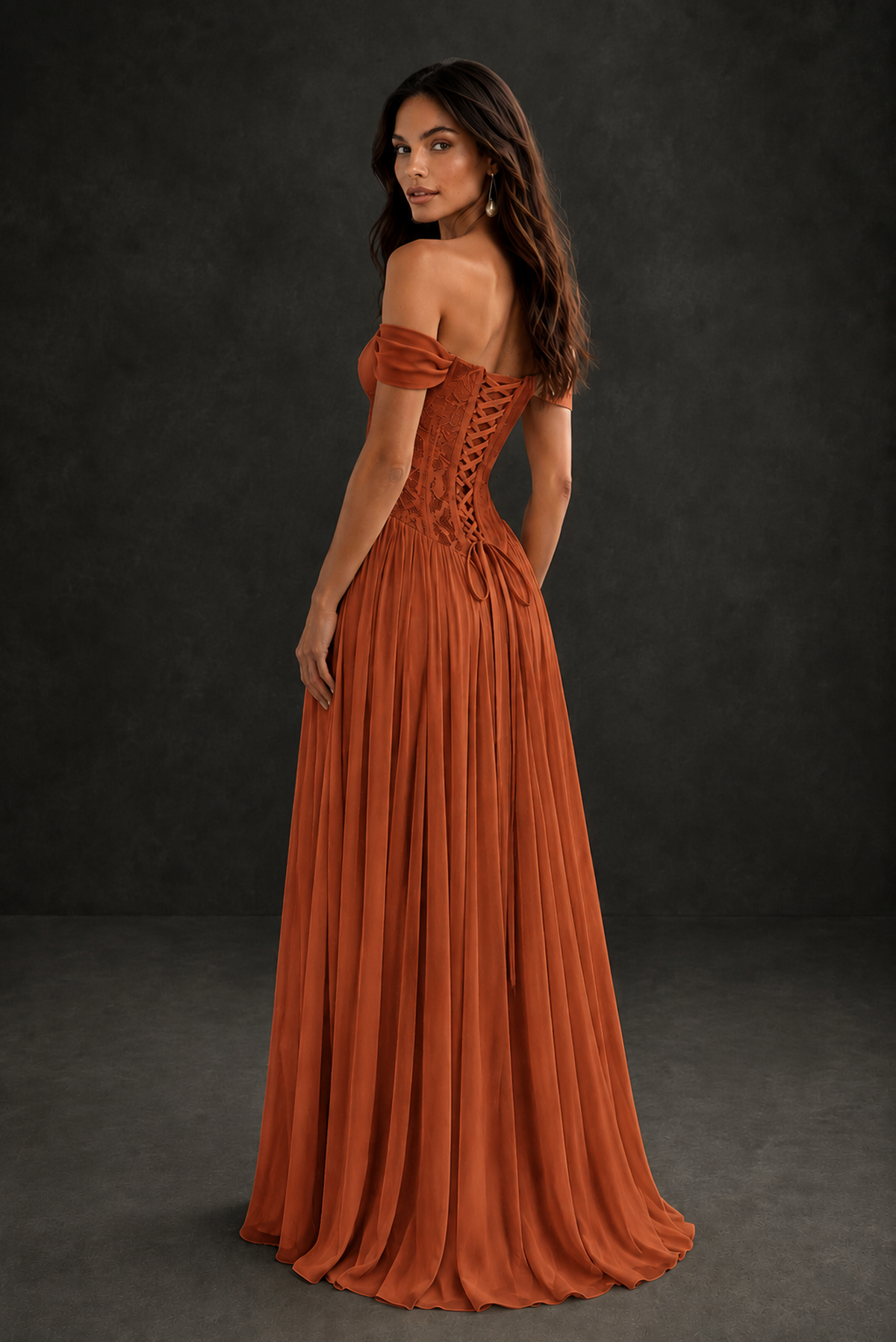 BOLODOO Burnt Orange Off-Shoulder Lace Corset Tulle Maxi Dress - Burnt Orange