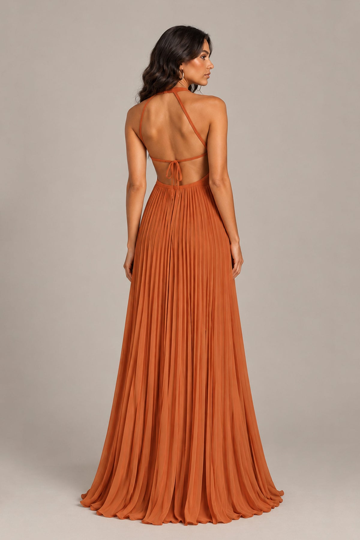BOLODOO Burnt Orange Halter Neck Pleated Chiffon Maxi Dress with Side Slit - Burnt Orange
