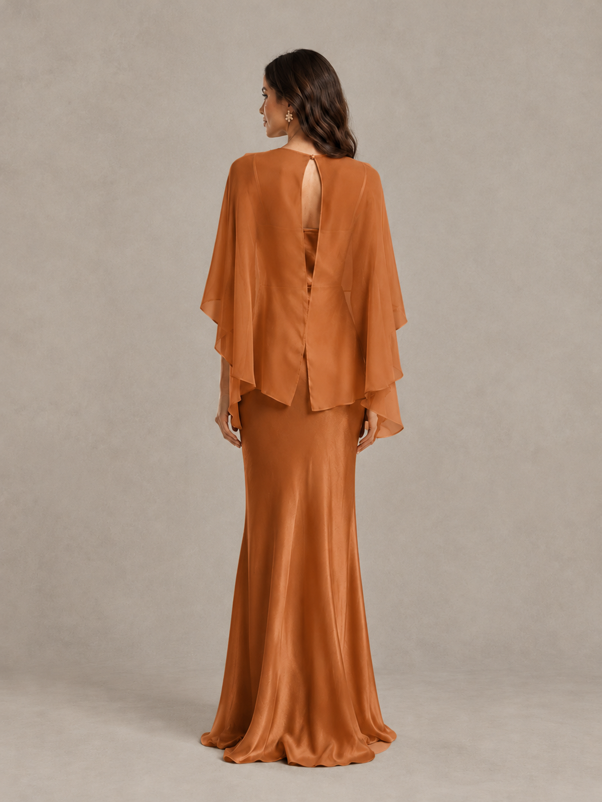 BOLODOO Burnt Orange Satin Mermaid Bridesmaid Dress with Chiffon Cape - Burnt Orange - Burnt Orange (2)