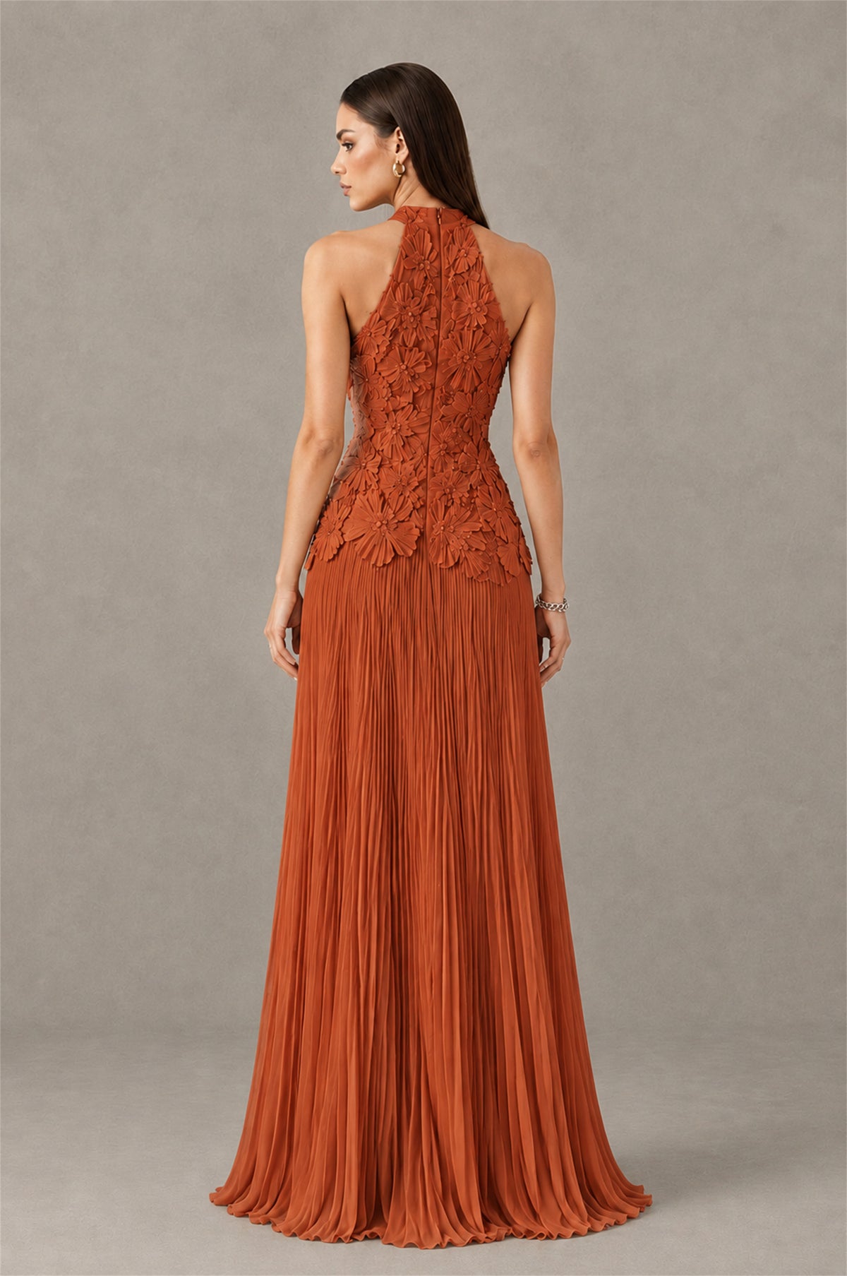 BOLODOO Burnt Orange 3D Floral Applique Halter Neck Open Back Pleated Maxi Dress - Burnt Orange