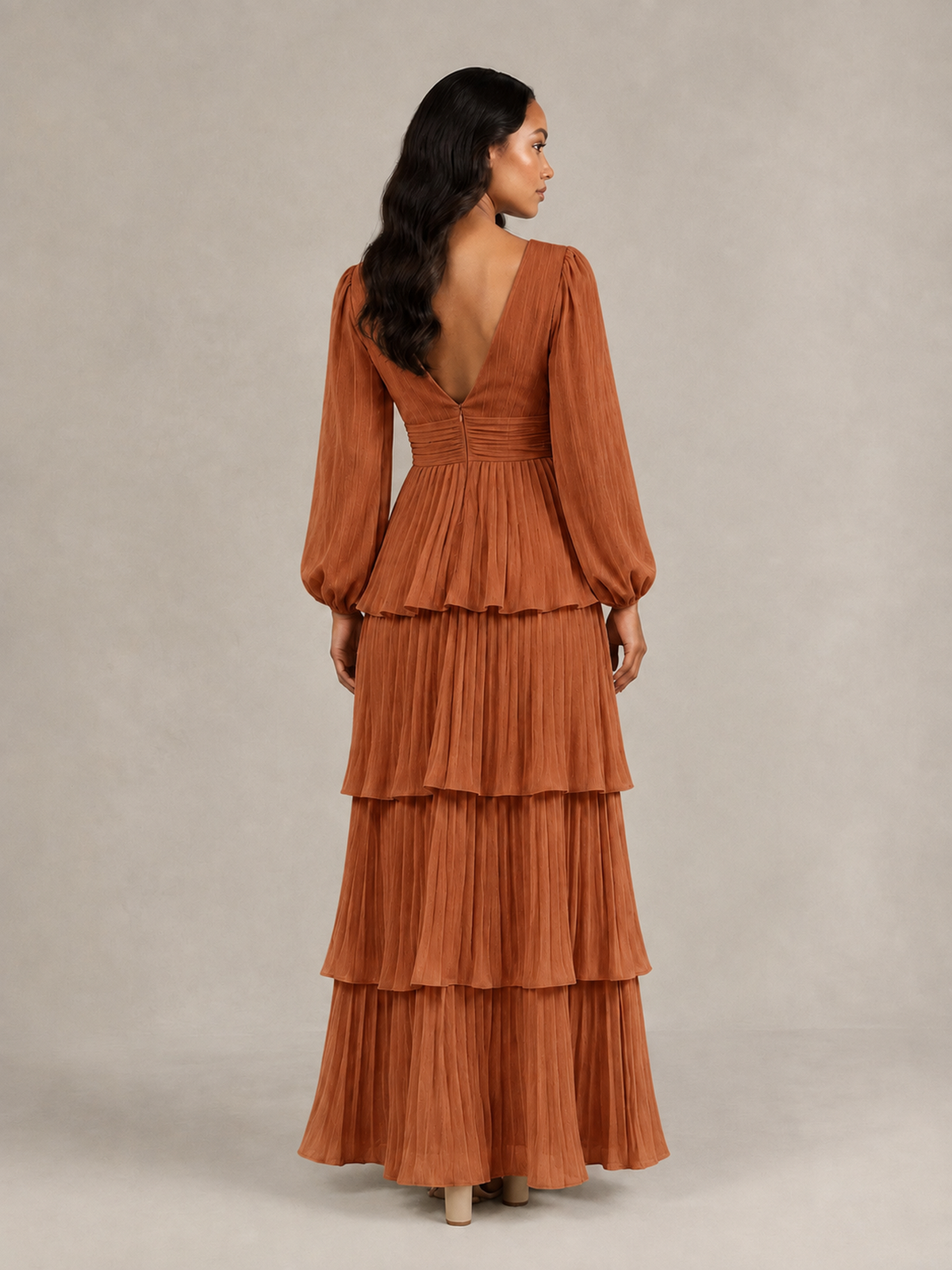 BOLODOO Burnt Orange Long-Sleeve Tiered Maxi Dress with Deep V-Neck - Burnt Orange
