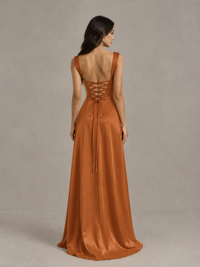 BOLODOO Burnt Orange Satin Lace-Up Bridesmaid Dress with Slit - Burnt Orange - Burnt Orange (2)