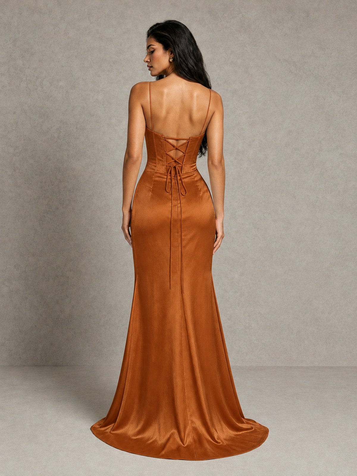 BOLODOO Burnt Orange Satin Corset Prom Dress with High Slit & Lace-Up Back - Burnt Orange - Burnt Orange (2)