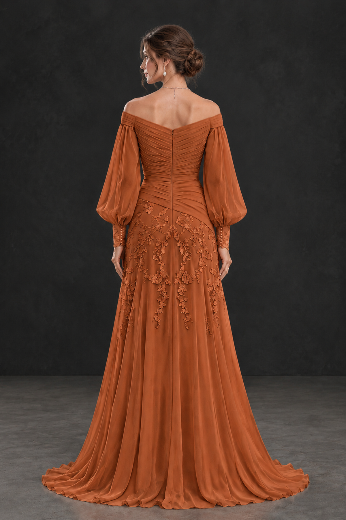 BOLODOO Burnt Orange Long Sleeve Mother of the Bride Dress with Floral Appliqués - Burnt Orange - Burnt Orange (2)