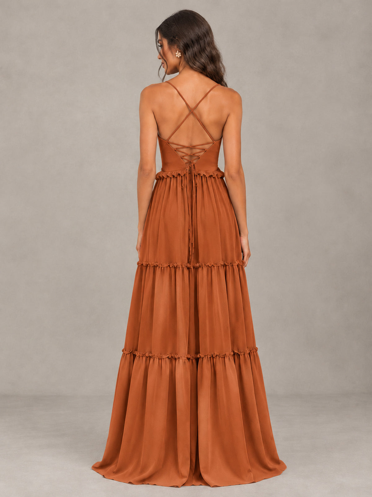 BOLODOO Burnt Orange Tiered V-Neck Lace-Up Back Bridesmaid Dress - Burnt Orange - Burnt Orange (2)