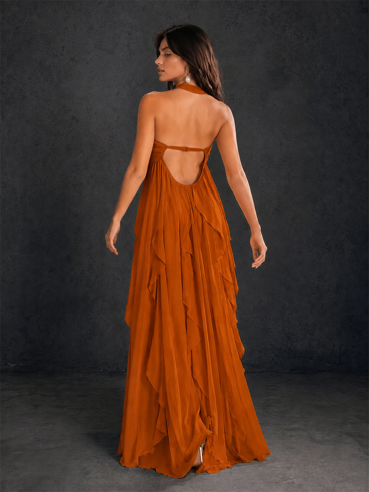 BOLODOO Burnt Orange Halter Neck Cascading Ruffle Chiffon Maxi Dress | Keyhole Open Back - Burnt Orange