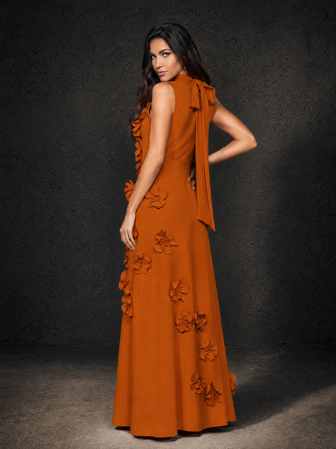 BOLODOO Burnt Orange Mock Neck Sleeveless 3D Floral Appliqué Maxi Dress with Bow Back - Burnt Orange