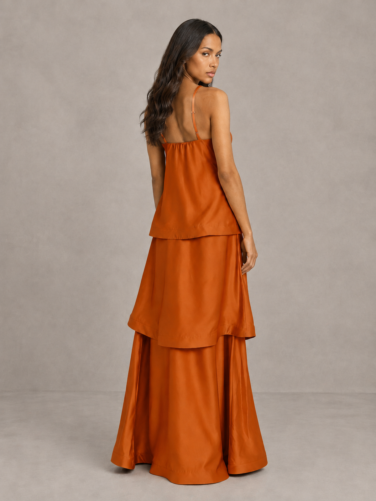 BOLODOO Burnt Orange Satin Tiered Maxi Dress with Spaghetti Straps - Burnt Orange