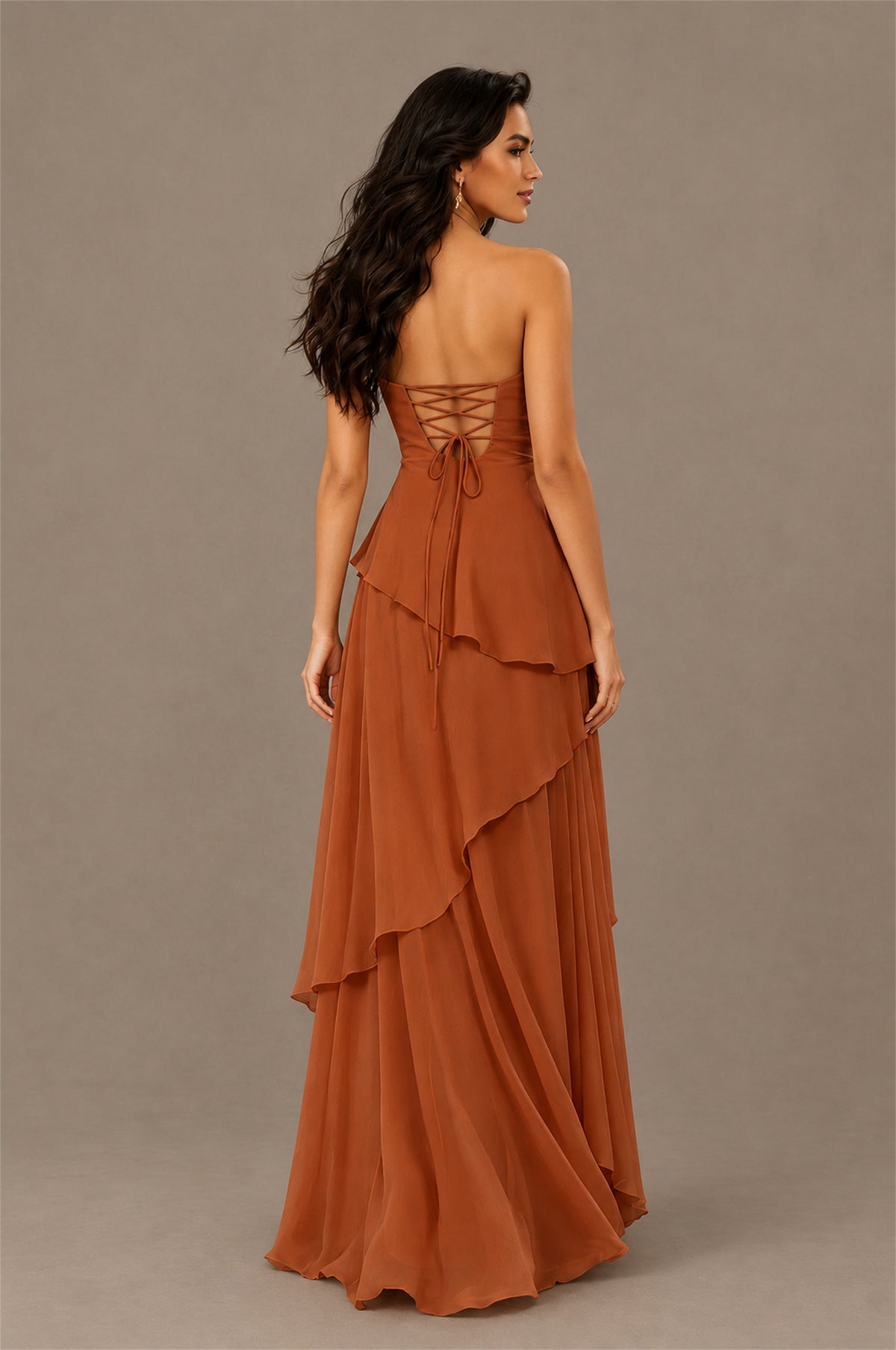 BOLODOO Burnt Orange Strapless Sweetheart Knotted Chiffon Tiered Maxi Dress with Lace-Up Back - Burnt Orange