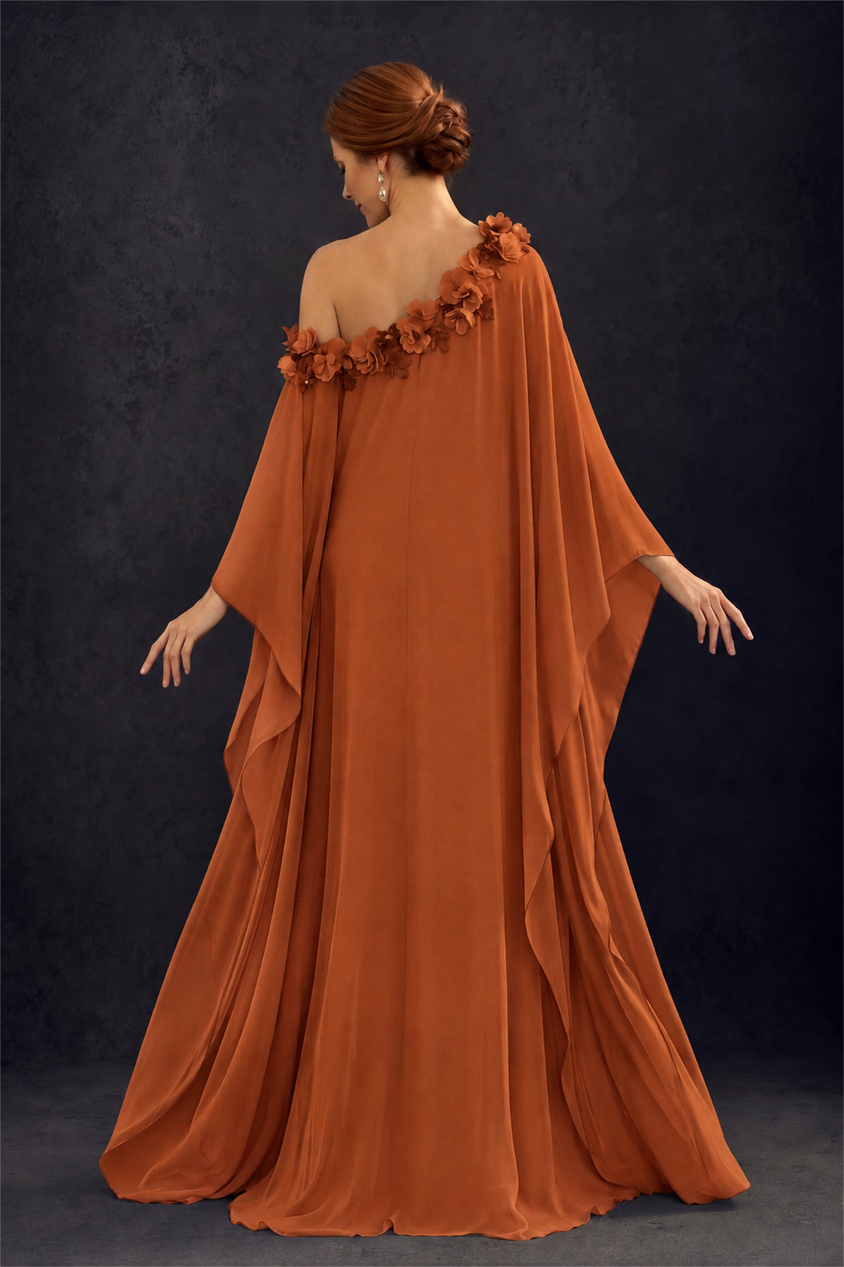 BOLODOO Burnt Orange 2-Piece Set: Off-Shoulder 3D Floral Cape Gown & One-Shoulder Wide-Leg Jumpsuit | BD0373 - Burnt Orange