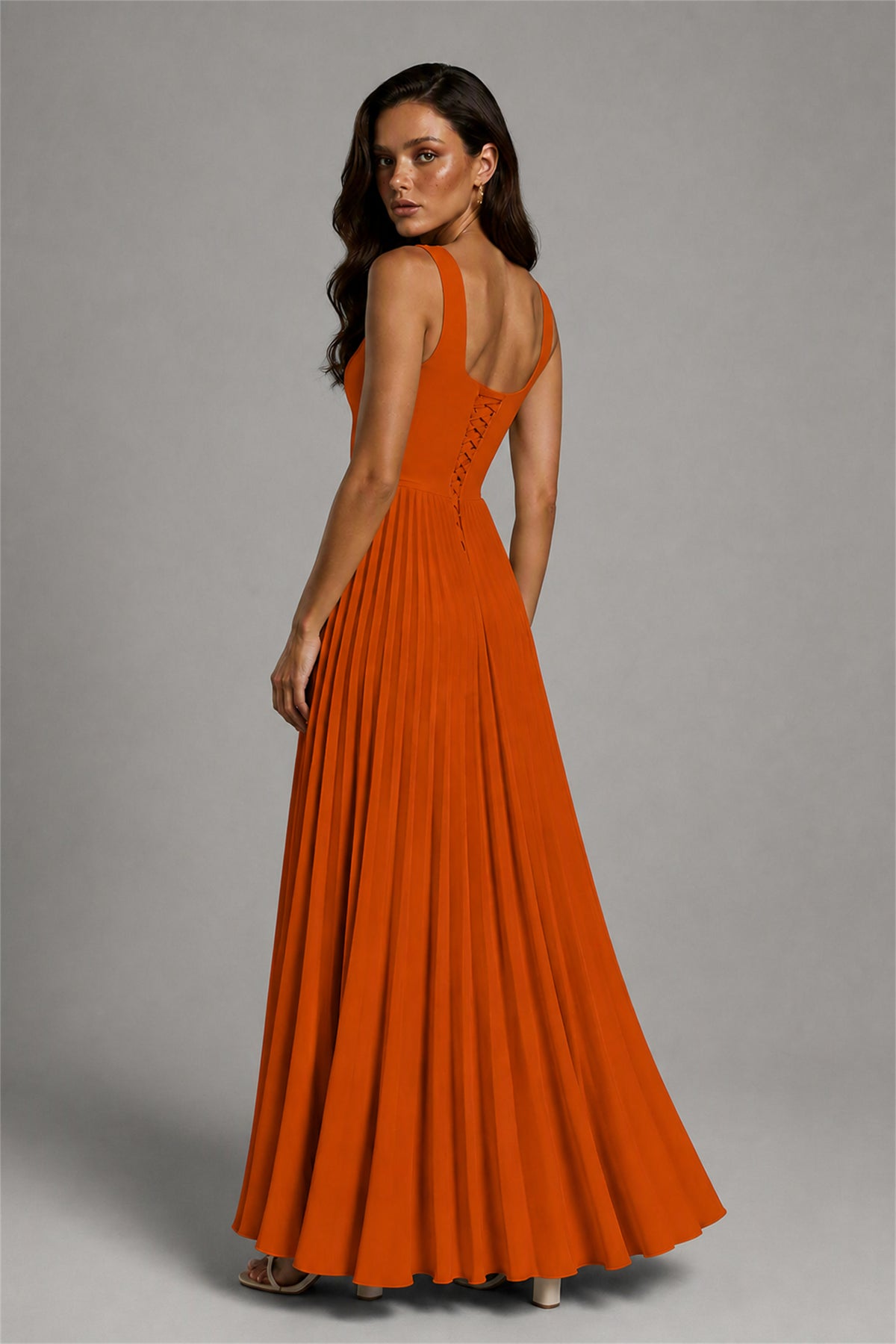 BOLODOO Burnt Orange Square Neck Wide Strap Lace-Up Back Pleated A-Line Chiffon Maxi Dress - Burnt Orange
