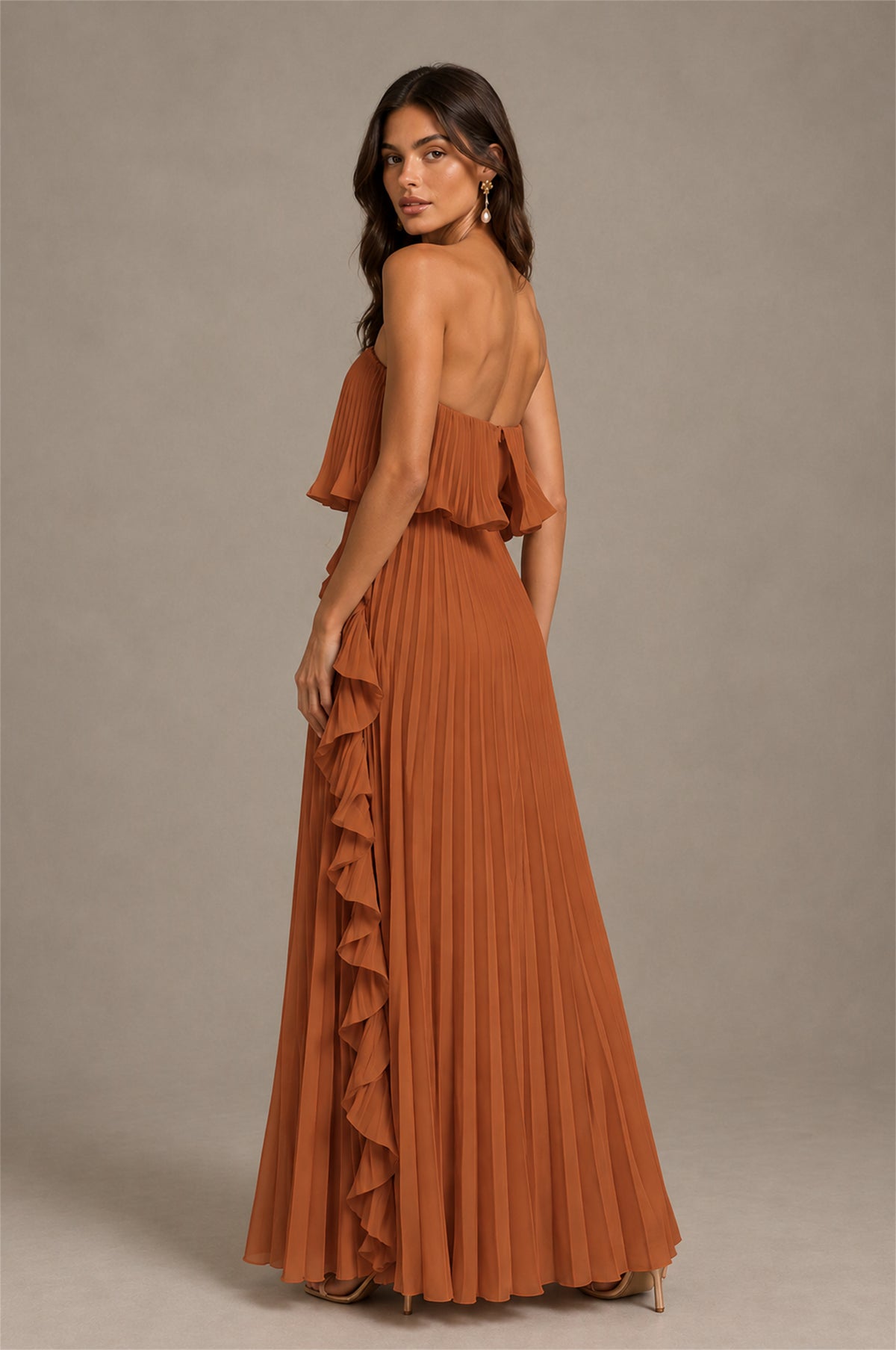 BOLODOO Burnt Orange Strapless Ruffle Bodice Dual Cascading Ruffle Accordion Pleated Chiffon Maxi Dress - Burnt Orange