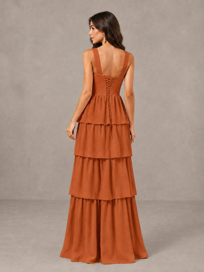 BOLODOO Burnt Orange Square Neck Tiered Bridesmaid Dress with Slit - Burnt Orange - Burnt Orange (2)