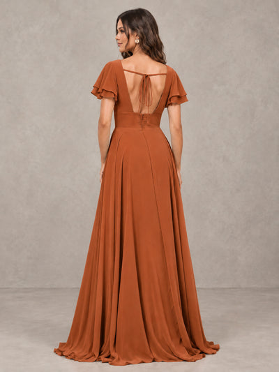 BOLODOO Burnt Orange Flutter Sleeve Chiffon A-Line Maxi Bridesmaid Dress with Open Back & Slit - Burnt Orange - Burnt Orange (2)