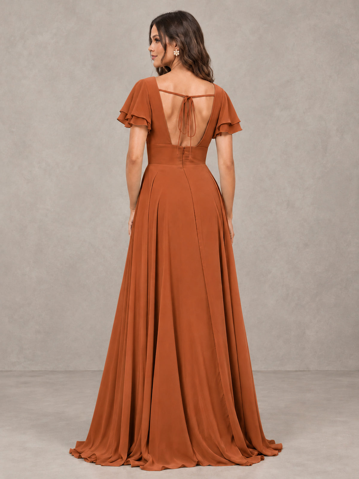 BOLODOO Burnt Orange Flutter Sleeve Chiffon A-Line Maxi Bridesmaid Dress with Open Back & Slit - Burnt Orange - Burnt Orange (2)