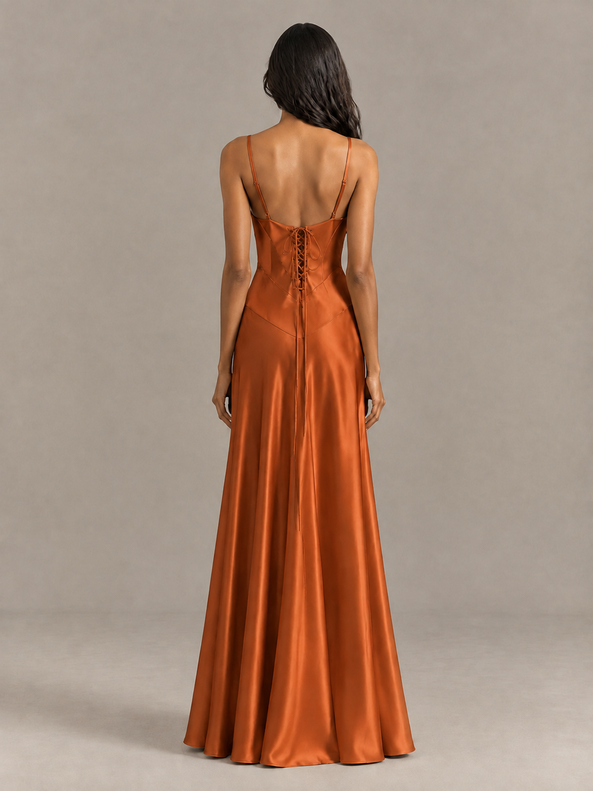 BOLODOO Burnt Orange Satin Lace-Up Back Maxi Dress - Burnt Orange