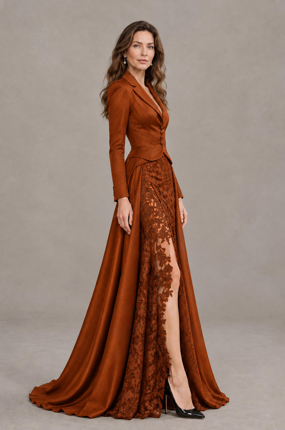 BOLODOO Burnt Orange Long Sleeve Lace Blazer Gown with High Slit - Burnt Orange - Burnt Orange (2)