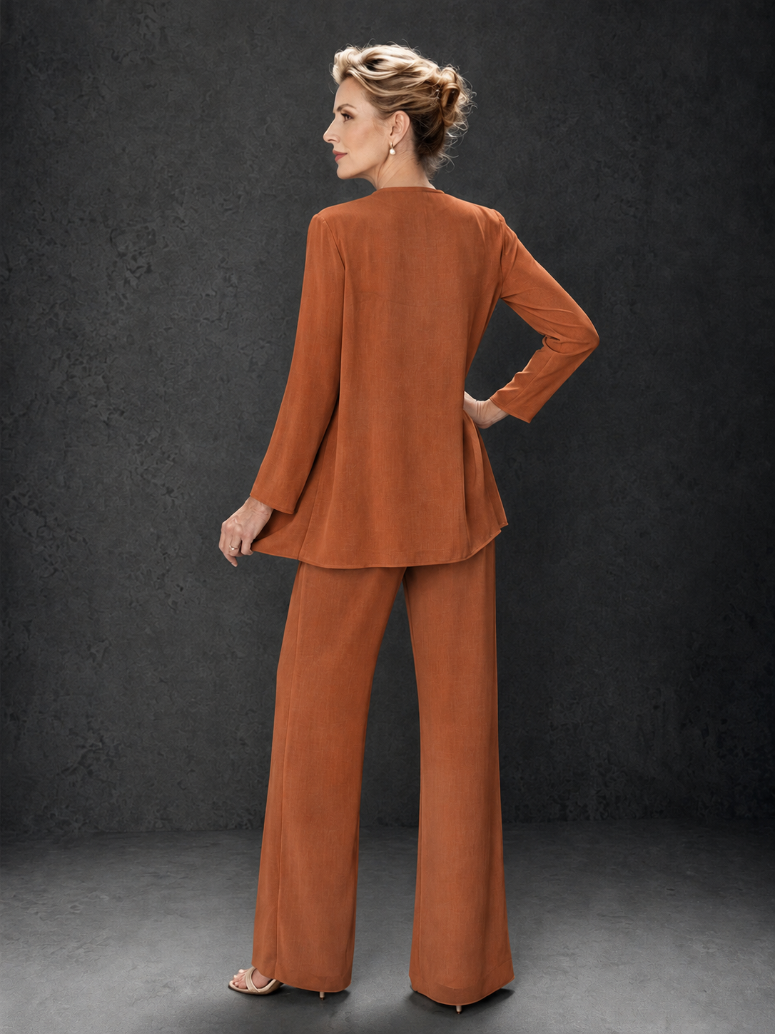 BOLODOO Burnt Orange 3-Piece Mother of the Bride Pant Suit with Beaded Top & Chiffon Jacket - Burnt Orange