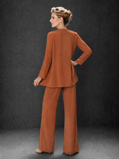 BOLODOO Burnt Orange 3-Piece Mother of the Bride Pant Suit with Beaded Top & Chiffon Jacket - Burnt Orange