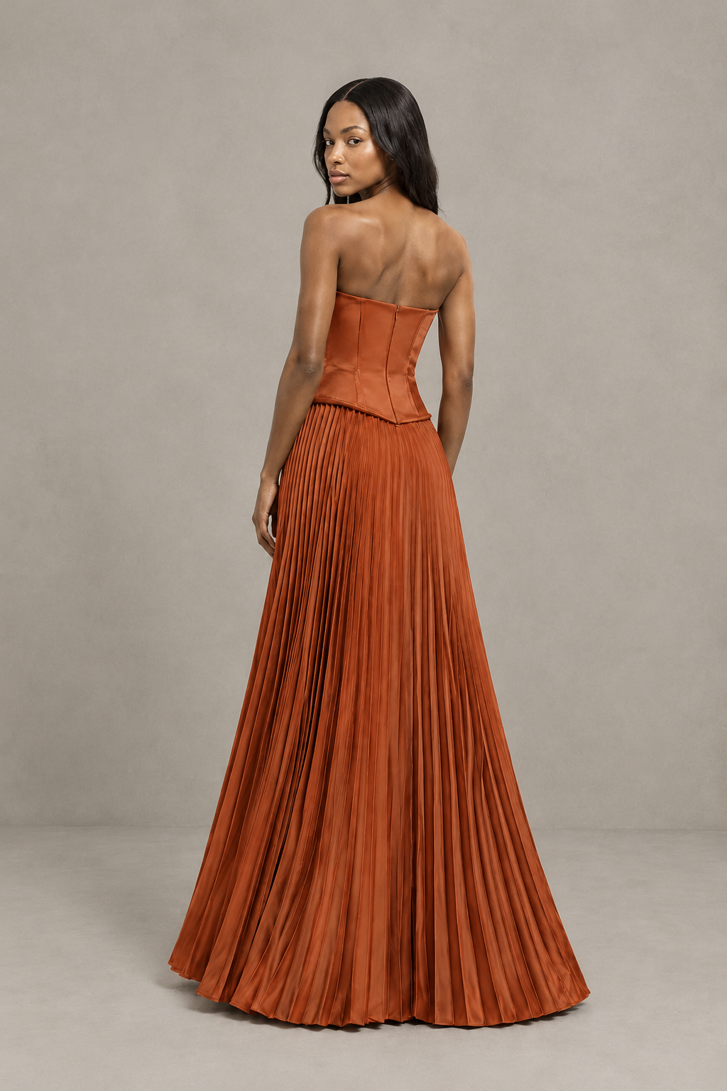 BOLODOO Burnt Orange Strapless Pleated Satin Evening Prom Dress - Burnt Orange