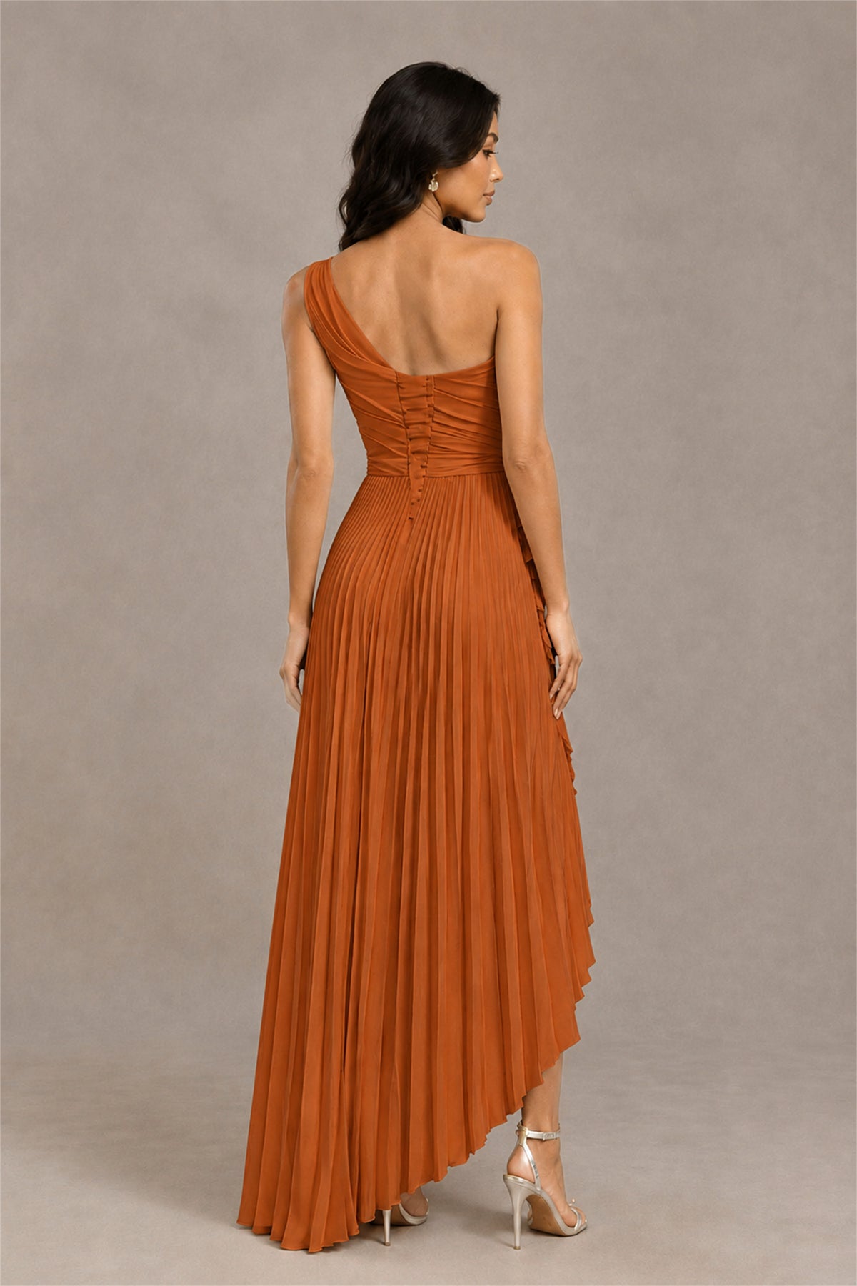 BOLODOO Burnt Orange One-Shoulder High-Low Ruffle Maxi Dress - Burnt Orange