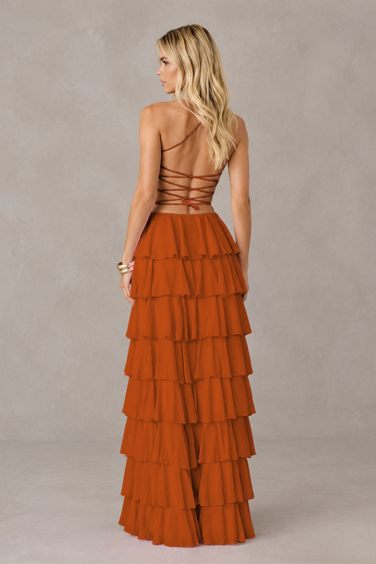 BOLODOO Burnt Orange Strapless Tiered Ruffle Maxi Dress with Slit & Lace-Up Back - Burnt Orange