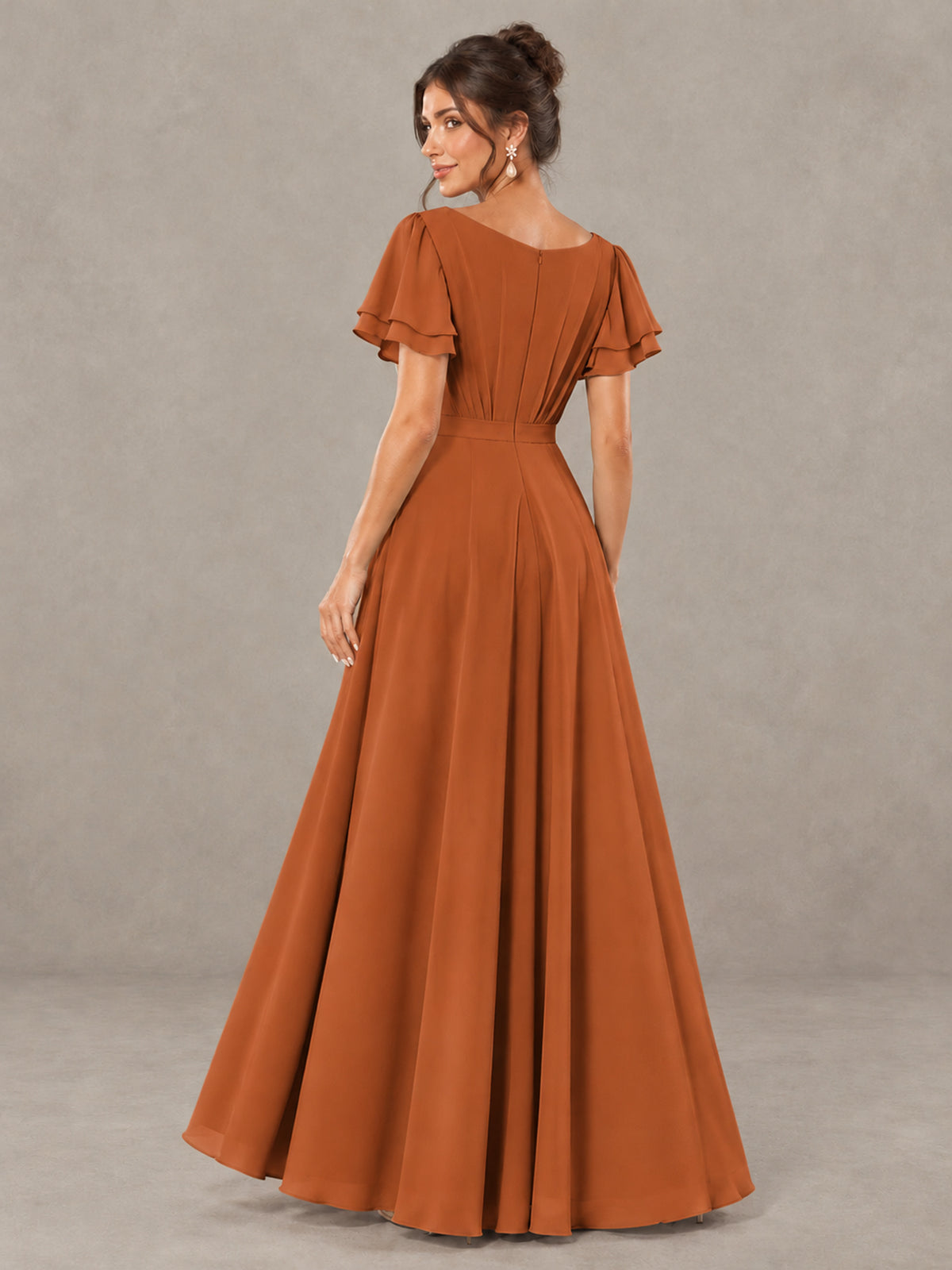 BOLODOO Burnt Orange Flutter Sleeve Ruffle Bridesmaid Dress with Slit - Burnt Orange - Burnt Orange (2)