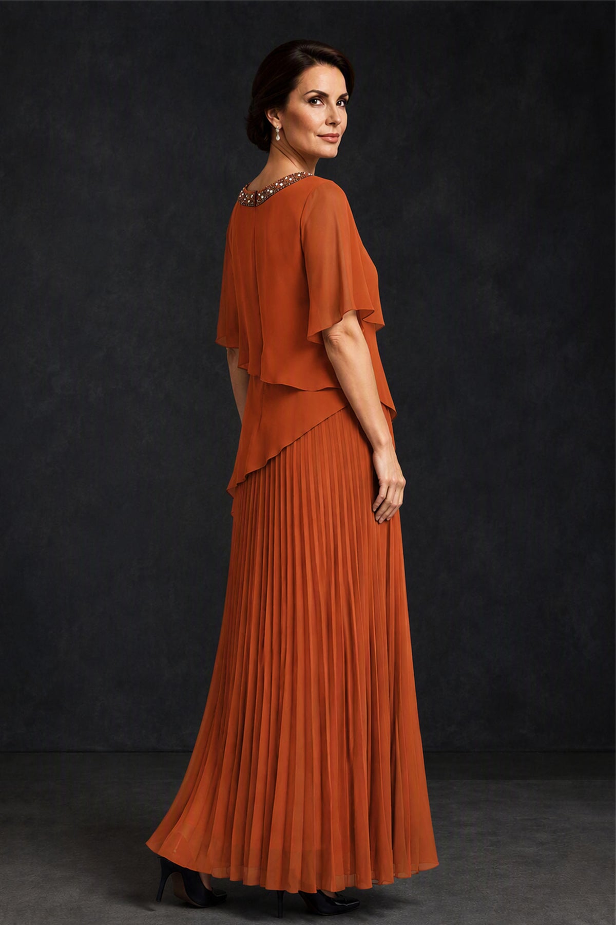 BOLODOO Burnt Orange Pearl Beaded Neck Asymmetric Tiered Flutter Sleeve Pleated Chiffon Maxi Dress - Burnt Orange