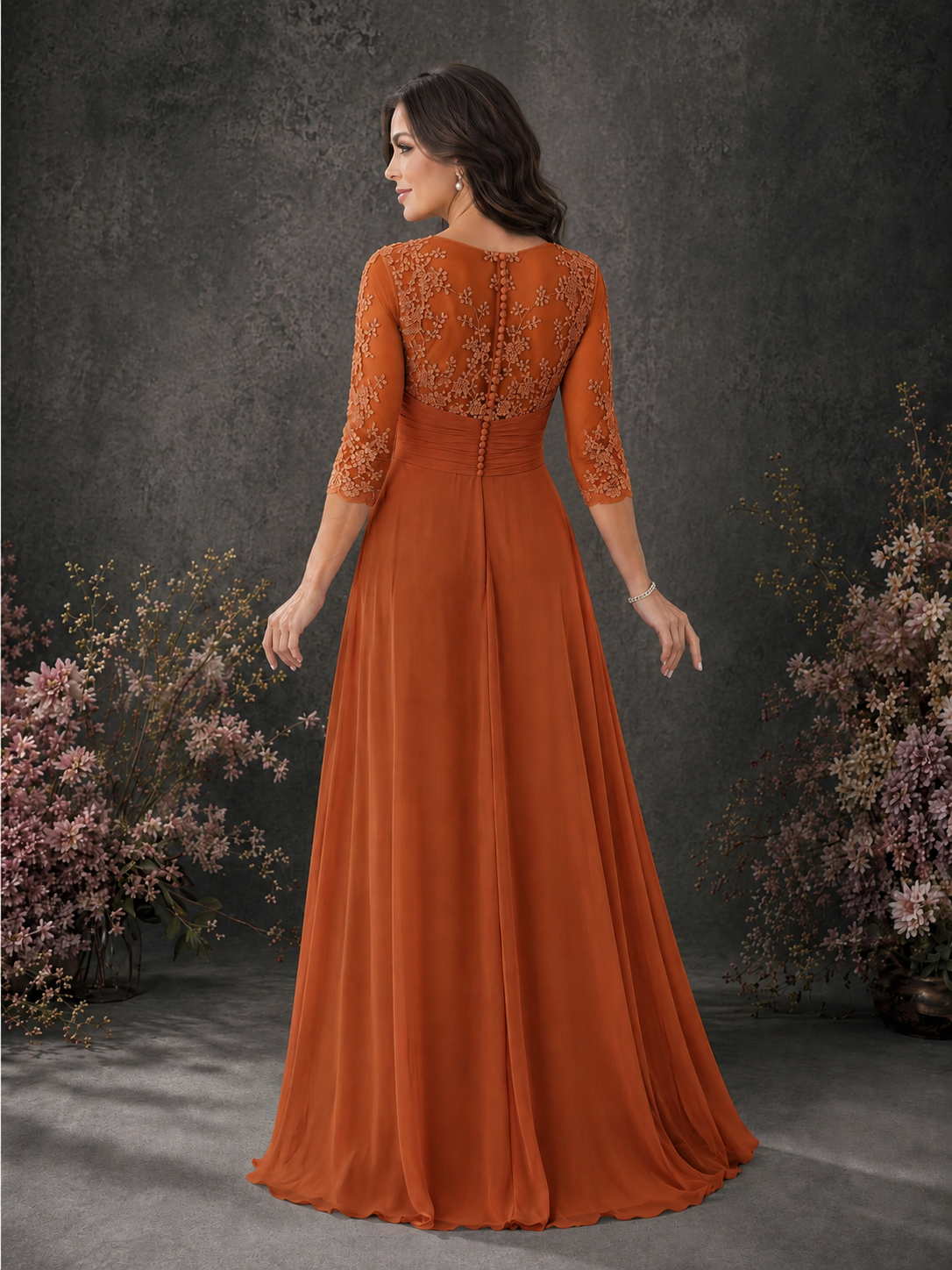 BOLODOO Burnt Orange Chiffon Lace Illusion Neckline 3/4 Sleeve Floor Length Formal Gown - Burnt Orange