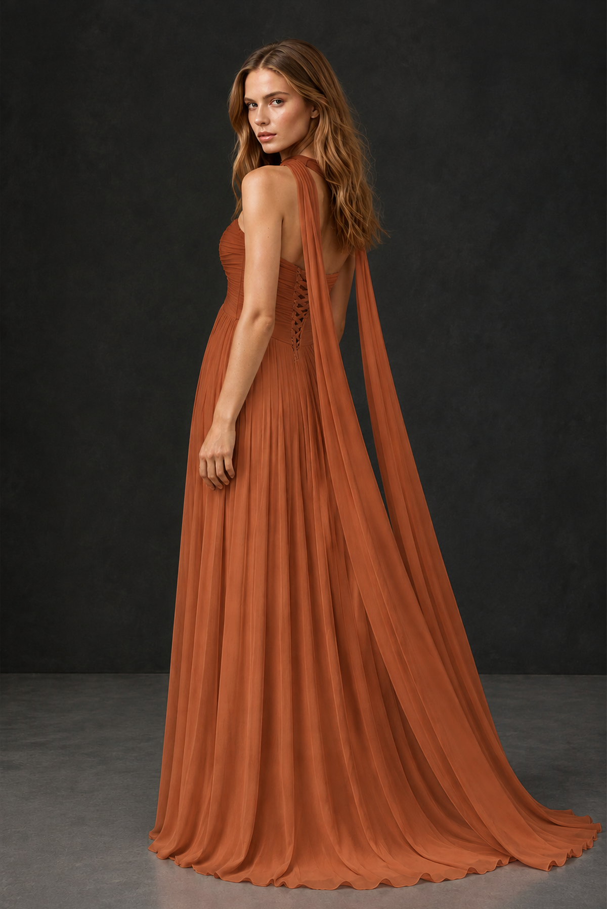BOLODOO Burnt Orange Sweetheart Strapless Twist Knot Detached Halter Scarf Lace-Up Back Empire Waist Chiffon Maxi Dress - Burnt Orange