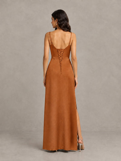 BOLODOO Burnt Orange Cowl Neck Satin Bridesmaid Dress with Slit - Burnt Orange - Burnt Orange (2)