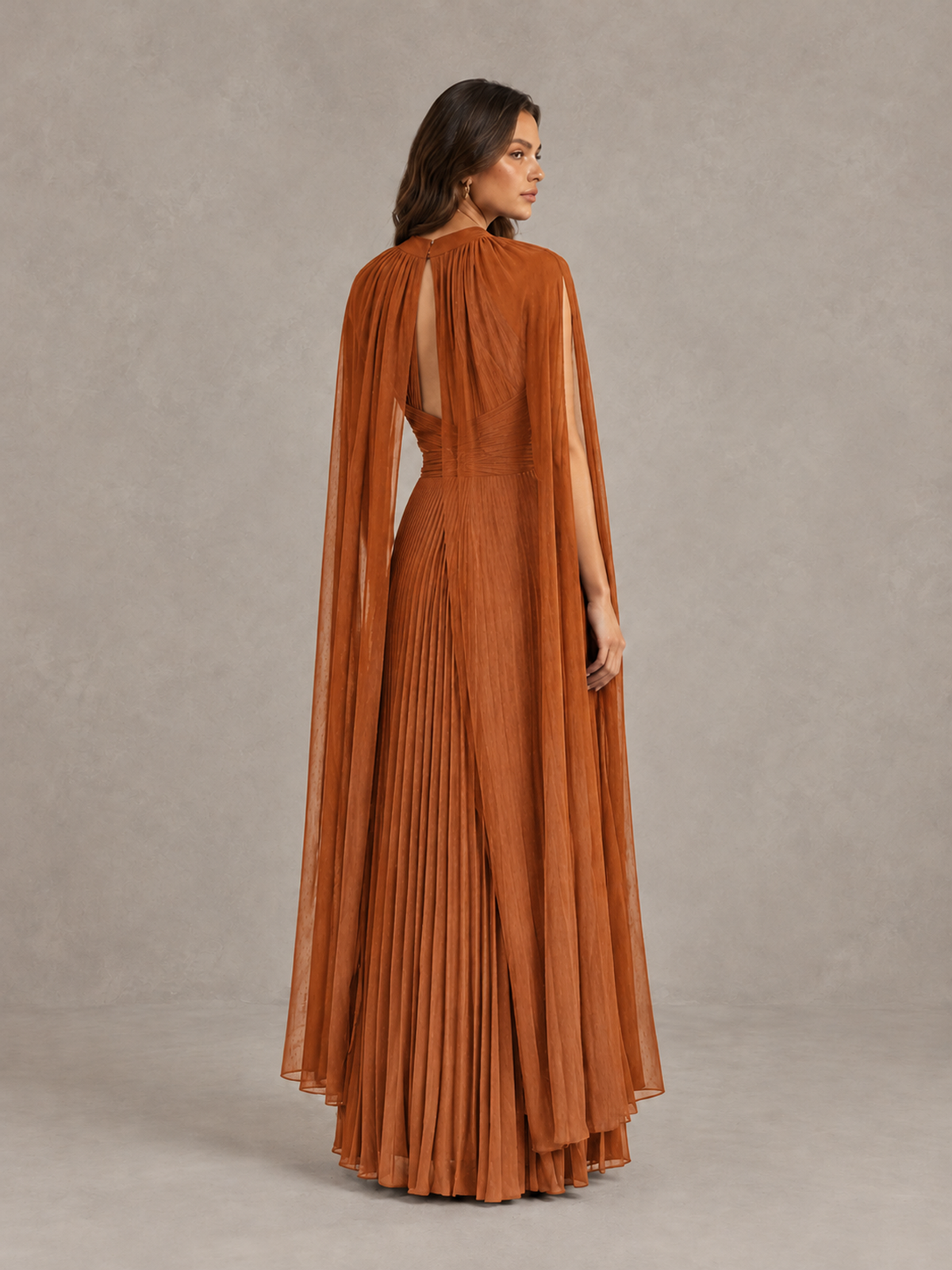 BOLODOO Burnt Orange Pleated Cape Maxi Wedding Guest Dress - Burnt Orange - Burnt Orange (2)