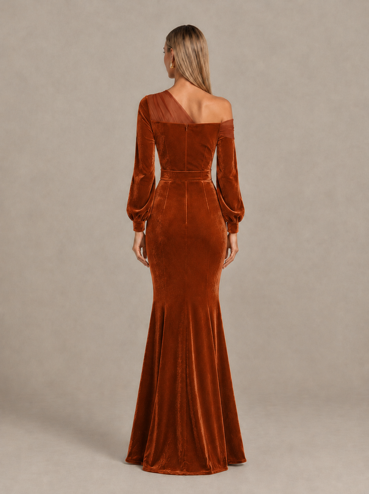 BOLODOO Burnt Orange Velvet Mermaid Evening Dress with Long Sleeves - Burnt Orange - Burnt Orange (2)