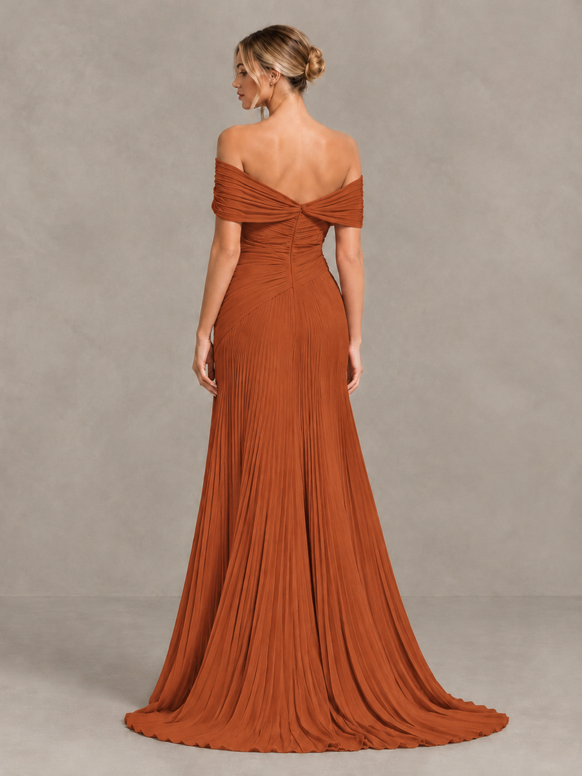 BOLODOO Burnt Orange Off-Shoulder Ruched Pleated Maxi Dress with High Slit - Burnt Orange - Burnt Orange (2)
