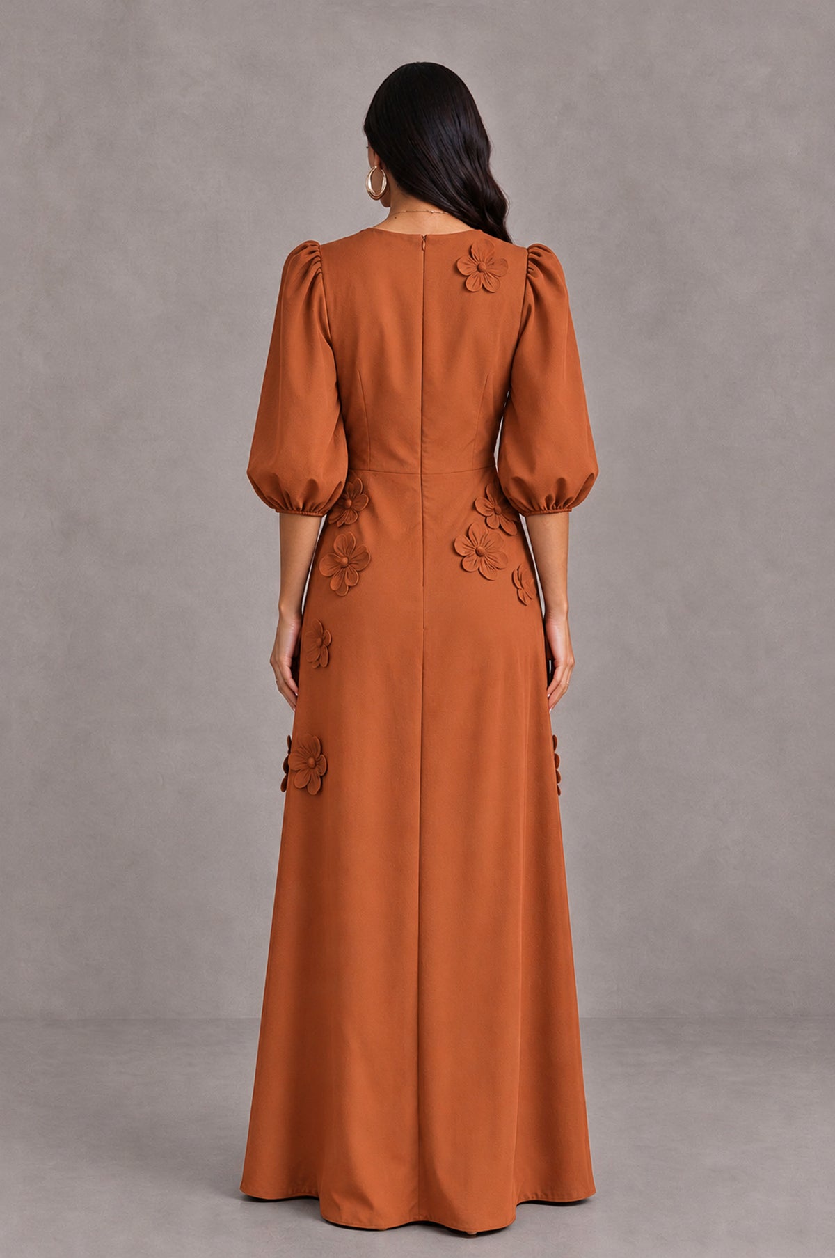 BOLODOO Burnt Orange Floral Applique Puff Sleeve A-Line Evening Dress - Burnt Orange - Burnt Orange (2)