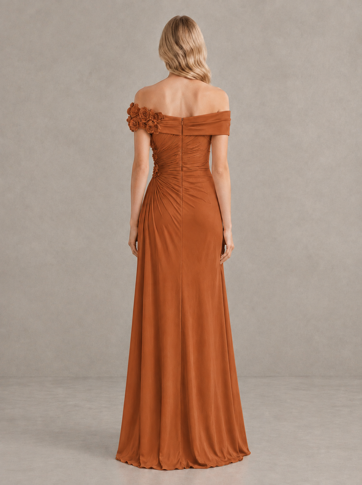 BOLODOO Burnt Orange Off-Shoulder Floral Applique Wedding Guest Maxi Dress - Burnt Orange - Burnt Orange (2)