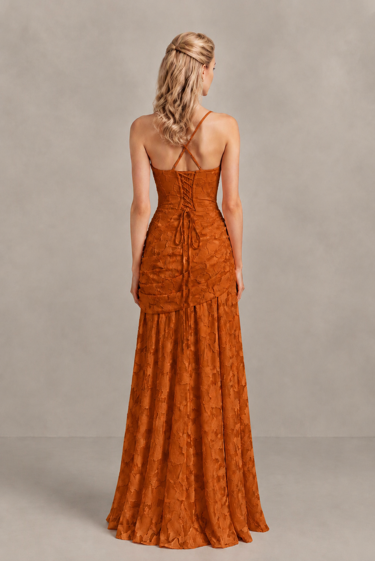 BOLODOO Burnt Orange Ruched Floral Maxi Dress with Lace-Up Back - Burnt Orange