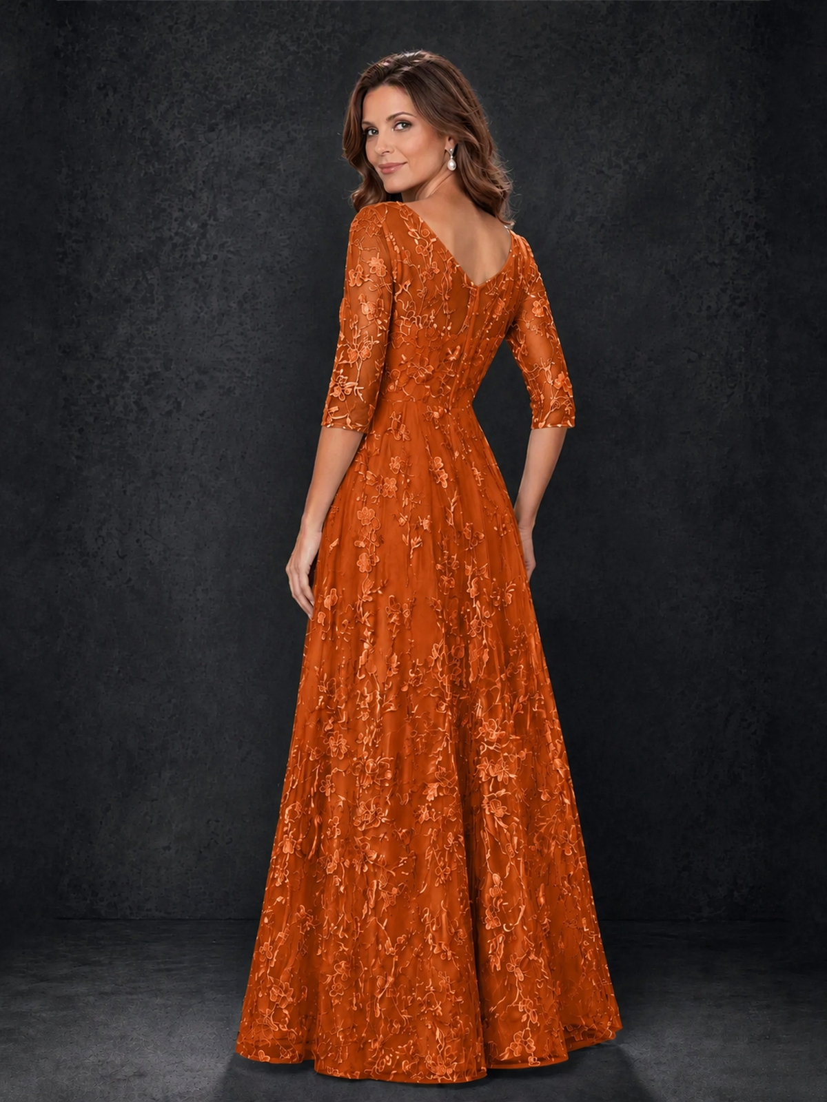 BOLODOO Wisteria Burnt Orange Illusion Bateau Neck 3/4 Sleeve Floral Lace A-Line Mother of the Bride Dress MX007 - Burnt Orange