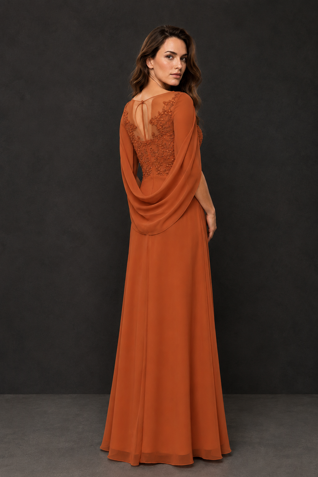 BOLODOO Burnt Orange Illusion Lace One-Side Cape Sleeve Beaded Chiffon Floor Length Gown | Mother of the Bride Evening Dress - Burnt Orange
