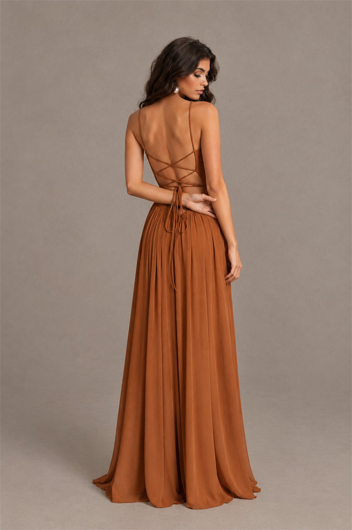 BOLODOO Burnt Orange Spaghetti Strap Square Neck Ruched Chiffon Maxi Dress with Lace-Up Back - Burnt Orange