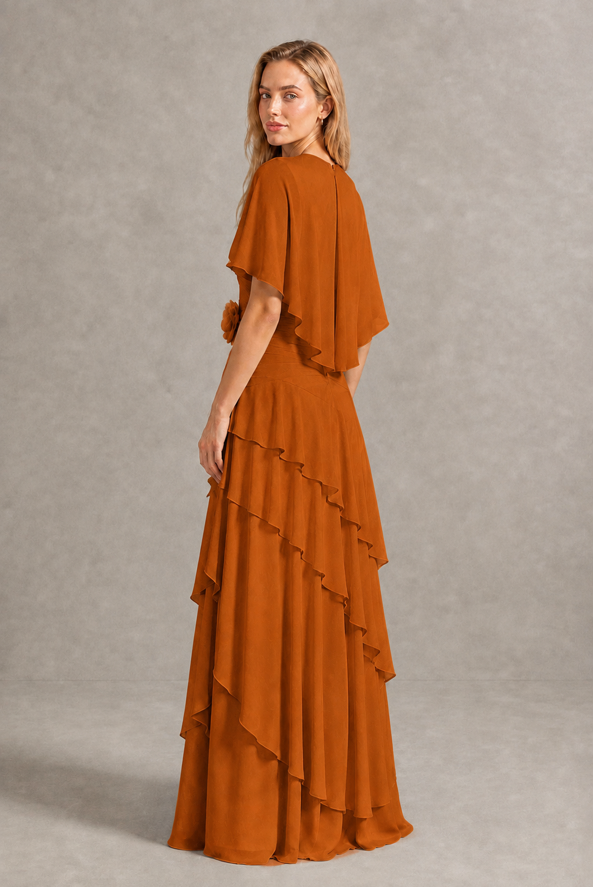 BOLODOO Burnt Orange Chiffon Flutter Sleeve Tiered Maxi Dress with 3D Rosette - Burnt Orange
